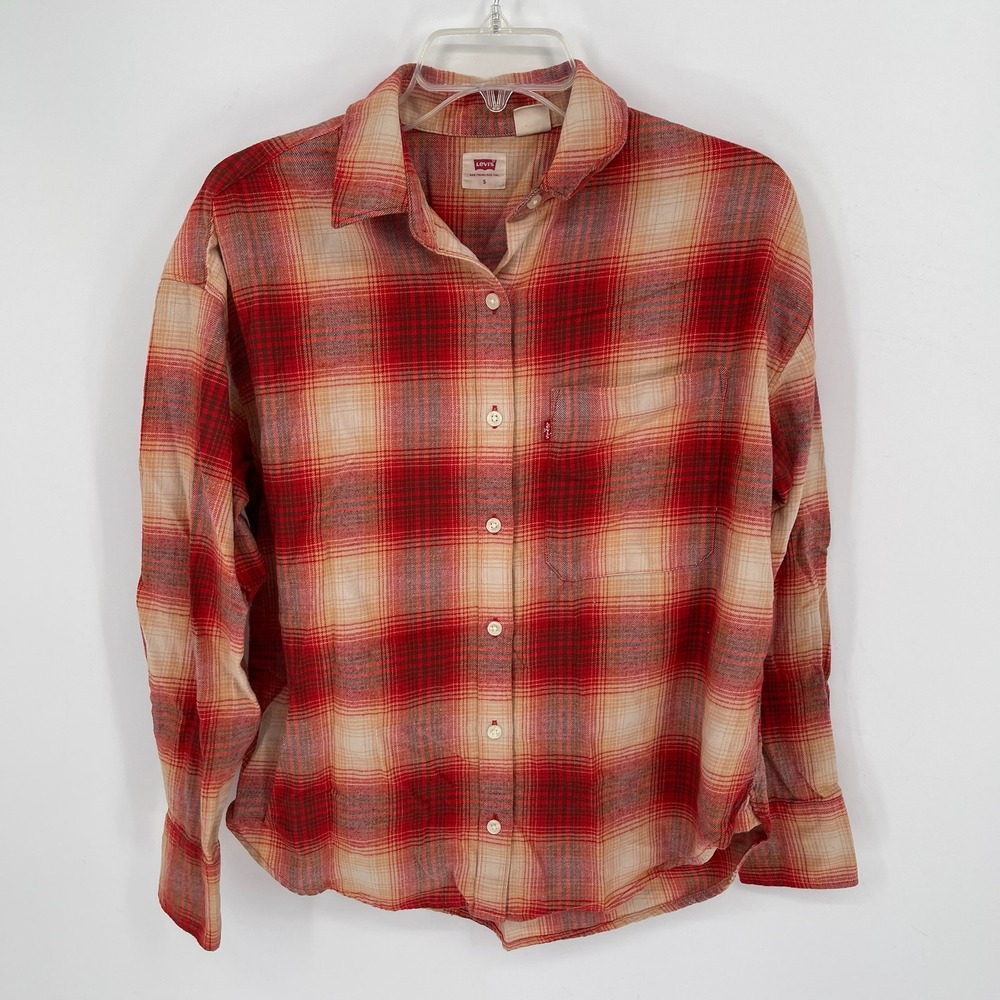 Levi's Women's Orange Plaid Long‎ Sleeve Button Up Shirt Size Small